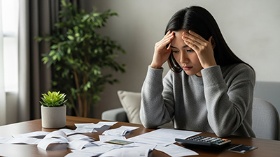 Asian woman distressed, hands pressed to forehead, reviews financial documents, conveying worry over credit card debt and bills
